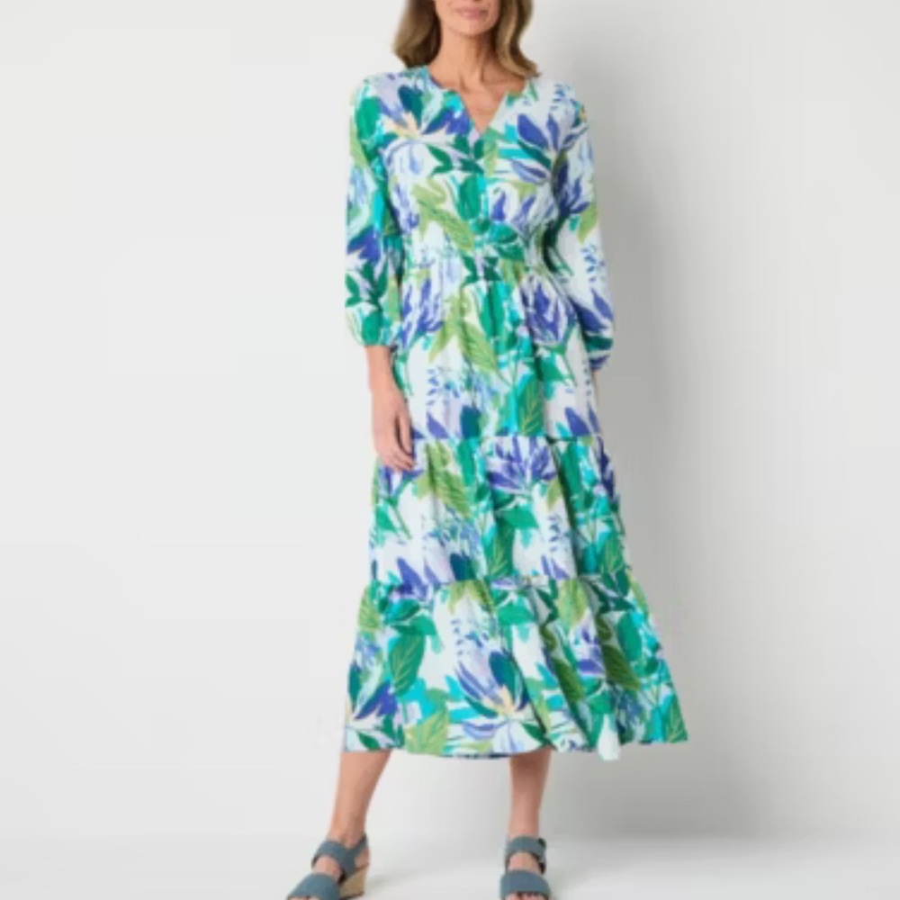Jc Penny St. John Floral Maxi Dress with Green and Blue Leaves